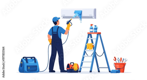 Illustration of a technician cleaning an air conditioner with a spray gun, standing on a ladder next to cleaning supplies against a white background with a flat lay style and maintaining