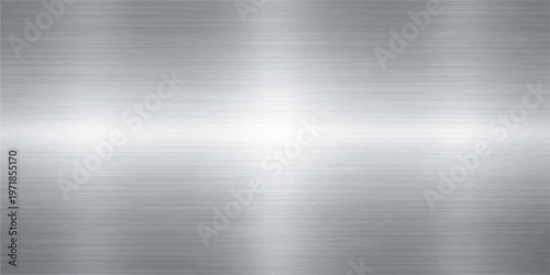 Polished silver stainless steel plate with a brushed metallic texture and shiny industrial aluminum surface pattern for a gray wallpaper backdrop illustration