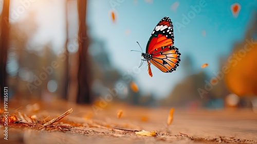 Vibrant Orange Butterfly Flying Over Leaf Litter on Forest Path