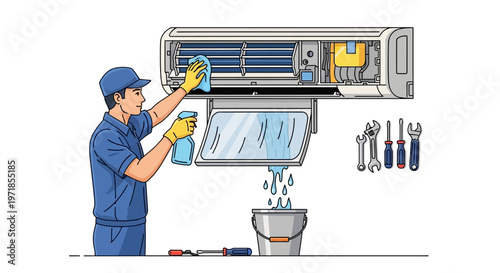 A technician wearing protective gloves and a cap meticulously cleans an air conditioner with a cloth and spray bottle against a white background, showcasing the maintenance and repair work