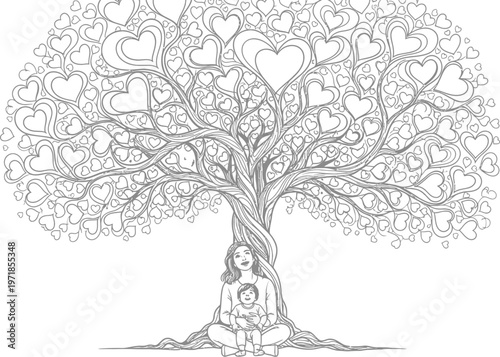 Mother and baby sit under a heart shaped tree for coloring book pages