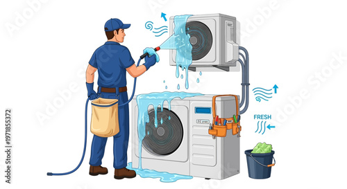 Illustration of a maintenance worker cleaning an air conditioning unit with a spray nozzle in a vibrant, cartoon style against a white background, using fresh water and showcasing a concept