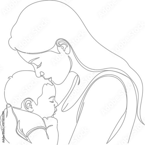 Mother tenderly kissing her sleeping baby on the cheek with love and care