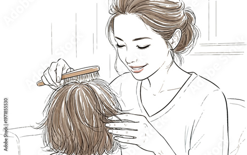 Woman gently brushing a child's hair with a warm smile on her face indoors