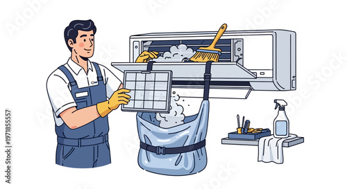 Illustration of a technician in uniform cleaning an air conditioner with a brush and spray cleaner, holding a filter in his gloved hand against a plain white background, creating a clean