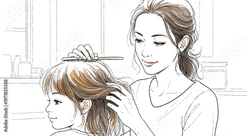 Woman styling a young girl's hair with a comb and brush