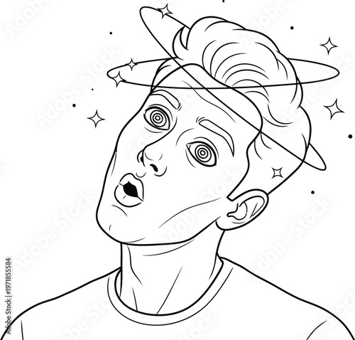 Surreal, dreamy, black and white, vector illustration of a man with a shocked expression, stars and planet orbiting head