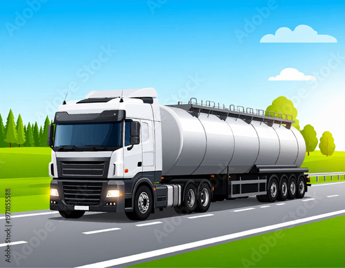 Vector illustration of oil tanker truck transporting fuel on highway