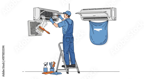 An illustration shows a technician in blue overalls on a ladder cleaning an air conditioner unit with a brush and tools in a white room, conveying a maintenance and repair concept