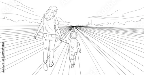 Mother, child walking, hand in hand, road, vector illustration, line art, black and white