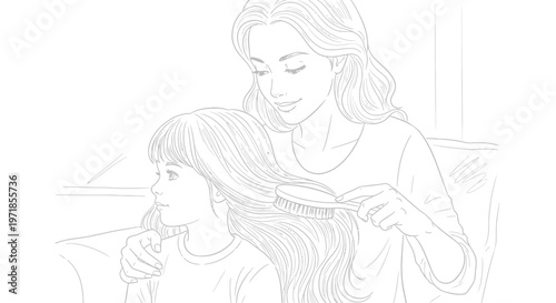 Woman gently brushing young girl's long hair with care and attention