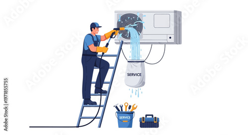Illustrated scene of a maintenance worker on a ladder, wearing a uniform and gloves, cleaning an air conditioner unit with a hose, with tools in a bucket below, against a clean white