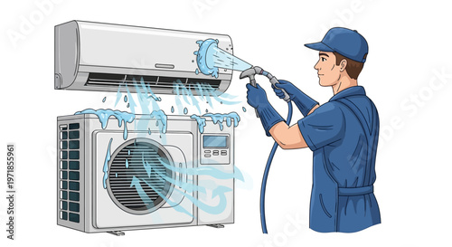 A maintenance worker sprays water to clean an air conditioner unit in a flat vector illustration against a white background, showcasing the cleaning process with water streams