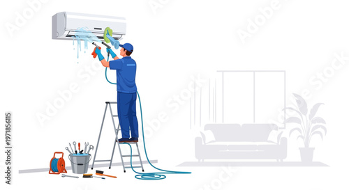 A repairman in a blue uniform cleans an air conditioner with a spray bottle while standing on a silver ladder, set against a bright white background with furniture outlined in faint gray