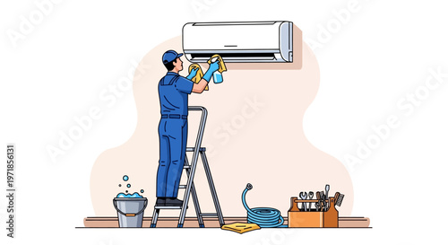 Illustration of a service worker on a ladder cleaning an air conditioner unit with colorful cleaning rags in a cartoon style against a simple off-white background with a toolbox nearby