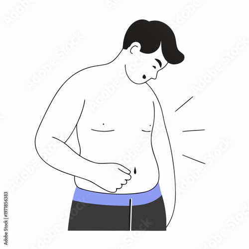 Man pinches belly fat in closeup with copy space, highlighting weight gain, body image concern, fitness motivation at home