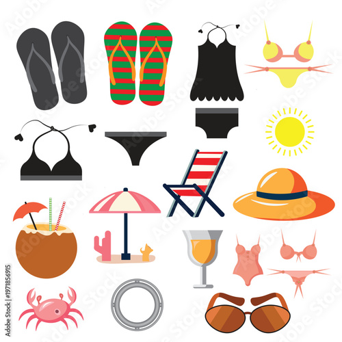 Beach holiday elements collection, vector sun and summer accessories, bikini sets, coconut drink, and seasonal travel icons