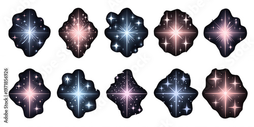 白い背景に孤立した、青とピンクの輝く星空のアイコンセット。宇宙の銀河や星の輝きを表現したグラフィック素材で、デザインの装飾やステッカー、ベクターイラストとして多目的に使用できる幻想的なキラキラした要素です。