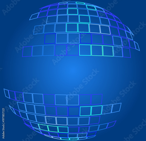 青いグラデーションの背景に浮かぶスクエアパターンで構成された球体イメージ、デジタルネットワークとグローバル通信を象徴する抽象デザイン