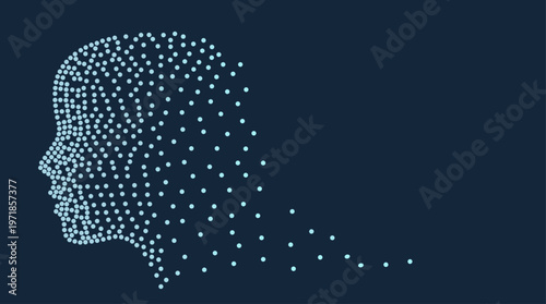 ドットで構成された人間の横顔シルエットが消えていく様子を表現したデジタル化とアイデンティティの抽象コンセプト背景