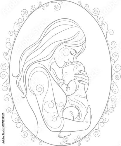 Mother tenderly holding and kissing her baby in a loving embrace within an oval frame