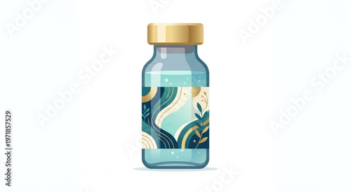 Elegant vaccine vial bottle vector illustration in Flat 2.0 style, medical glass ampoule with abstract organic pattern label, isolated on white background