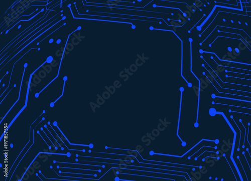 ネイビーブルーの背景に発光する電子回路がフレーム状に広がるサイバーテクノロジーイメージの抽象デザイン素材