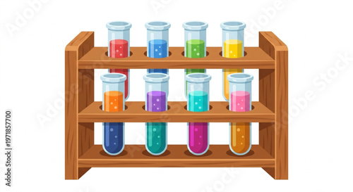 Test tube rack with colorful chemical liquids in flat 2.0 style vector illustration, laboratory equipment for science and medical research, isolated on white background.