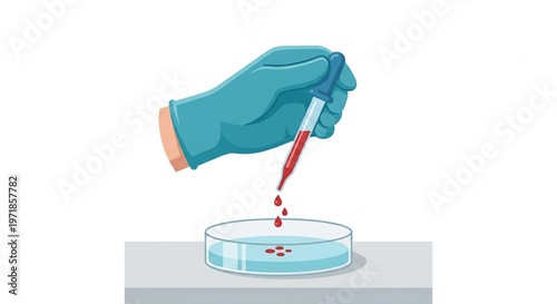 Hand in glove using a pipette to drip liquid into a petri dish, laboratory experiment concept, flat 2.0 vector illustration style, isolated on white background.
