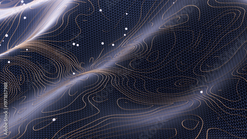 Abstract topographic art featuring copper contour lines, 3D elevation mesh and dotted markers