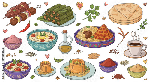 A vibrant collection of Middle Eastern and Mediterranean cuisine, featuring kebabs, hummus, dolmades, couscous, flatbread, desserts, coffee, and spices.