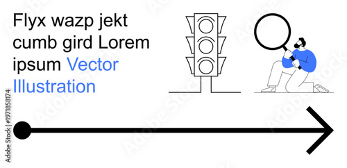 Navigation, signal analysis, exploration, decision-making, direction, urban planning. Traffic light, arrow and person with magnifying glass. Navigation and signal analysis concepts