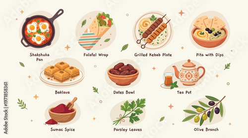 A vibrant collection of Middle Eastern dishes and ingredients, showcasing culinary diversity and traditional flavors.