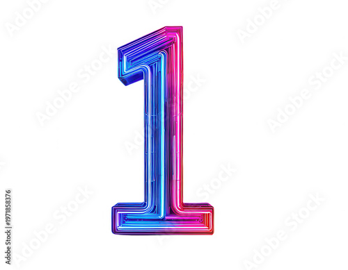 白い背景に孤立した、鮮やかな青とピンクのネオン管のようなグラデーションが美しい3Dの数字の1のイラストレーション。未来的でサイバーパンクな雰囲気を持つこのデザインは、カウントダウンやランキング、記念日などのクリエイティブなプロジェクトに最適です。