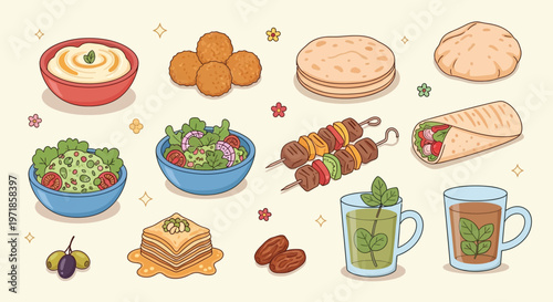 A vibrant collection of Middle Eastern dishes and drinks, including hummus, falafel, kebabs, salads, baklava, and mint tea.