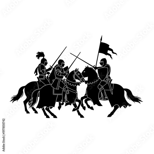 Knightly Confrontation: An evocative silhouette captures the essence of medieval combat, featuring mounted knights locked in a dramatic clash.