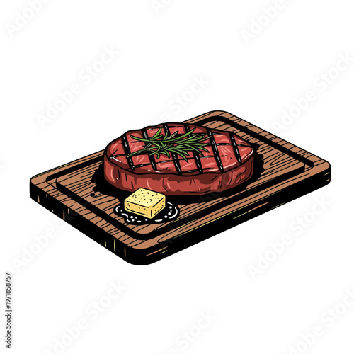Grilled Steak on Cutting Board: Savor the deliciousness of a perfectly grilled steak, adorned with a sprig of rosemary and a dollop of butter, artfully presented on a rustic cutting board.