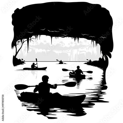 Kayakers in the Cave: Silhouette kayakers navigate calm waters, exploring a scenic cave. Capturing the essence of adventure and exploration, ideal for travel and outdoor themes.