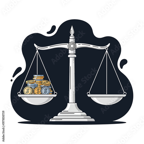 Balance of Wealth: An illustration of a classic scale, tipped by the weight of a stack of coins on one side, symbolizing the balance of wealth, finance, and economic dynamics.