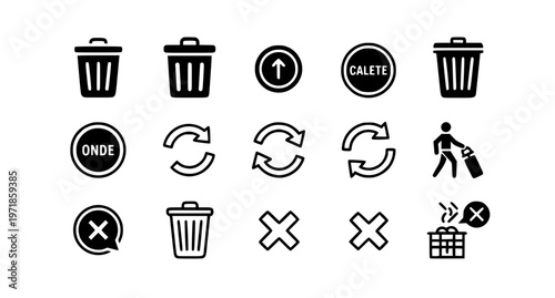 Modern solid delete icon set with trash cancel undo remove symbols in clean flat vector style