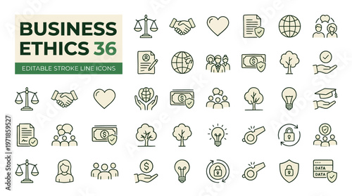 Business ethics editable stroke line icons set