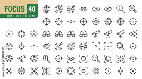 Editable stroke line icons focus targets eyes magnifying glasses