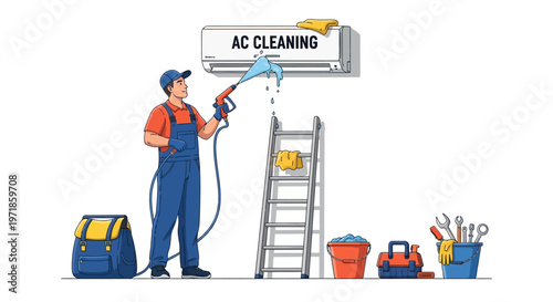 Illustrated handyman stands on a ladder cleaning an air conditioner with a spray washer in a brightly lit room, showcasing the process with tools and cleaning supplies neatly arranged