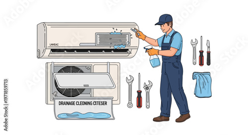 An illustration depicts a handyman in workwear cleaning an air conditioning unit with various tools displayed, set against a white background in a bright, instructional style that is simple