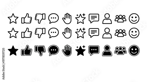 Set of black and white social media icons and symbols