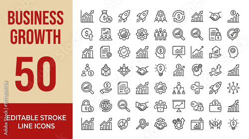Business growth editable stroke line icons set for finance and success