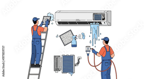 Illustration showing two technicians in blue overalls servicing an air conditioning unit, one on a ladder cleaning the filter, the other spraying the unit, against a clean white background