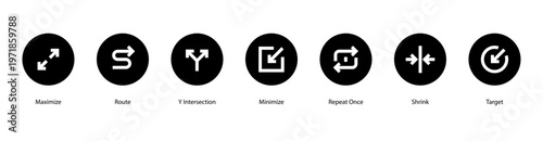 Path and Targets web banner icon vector illustration featuring Maximize, Route, Y Intersection, Minimize, Repeat Once, Shrink, and Target.