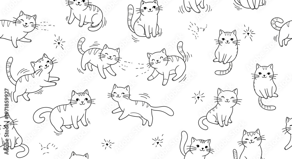 Obraz premium Cute Cat Doodles Pattern: Playful Kittens in Black and White Sketch Style