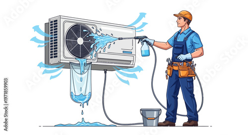 A maintenance worker is depicted pressure washing an air conditioning unit with water spraying and dripping into a bucket, set against a bright white background in an illustration